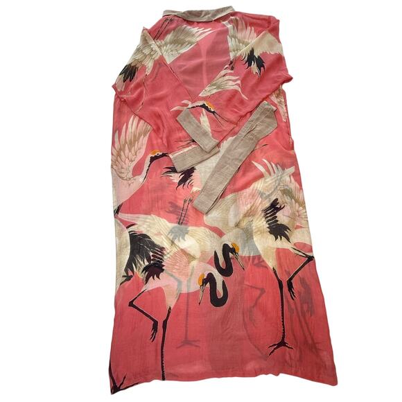 One Hundred Stars Crane Print Kimono Robe Coral Pink Modal Blend OS - Picture 3 of 16